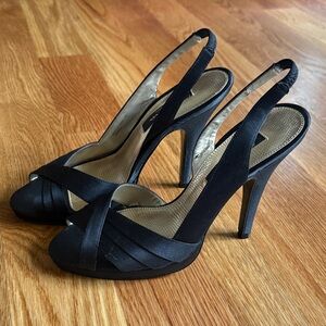 Nina Black Satin Peep-Toe strappy Slingback Heels front platform formal evening